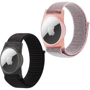 [2 Pack ] AirTag Bracelet for Adults,Compatible for Airtag,Breathable Hook&Loop Nylon Sport Style (Black-Pink)