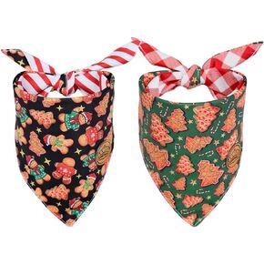 CROWNED BEAUTY Christmas Dog Bandanas Reversible Large 2 Pack, Gingerbread Joy Set, Stripes Plaid Adjustable Triangle Holiday Scarves for Medium Large Extra Large Dogs Boy Girl Pets DB137-L