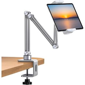 Tablet Stand Holder for Desk, Adjustable Tablet Stand with Clamp Mount, 360° Rotation Aluminum Tablet Stand Compatible with 4-12.9 Inches Devices, Universal for Desk/Bed/Kitchen/Office (Gray)