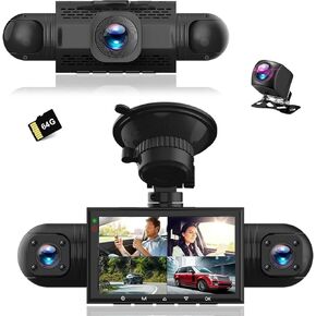 360 Degree View 4 Channel Dash Cam Front and Rear Inside Left Right, Dash Cam, 1080P Full HD 170 Deg Wide Angle Dashboard Camera with 64GB Card, 3-Inch Screen,G-Sensor,Loop Recording，Night Vision