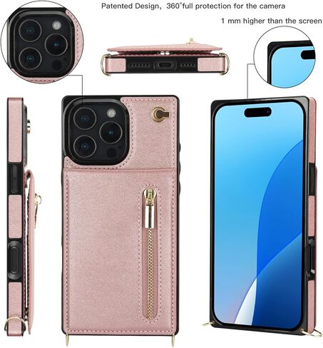 حافظة محفظة بسحاب لهاتف iPhone 16 Pro Max 6.9 بوصة مع حامل بطاقة، غطاء محفظة حبل قصير [حزام كتف قابل للإزالة] مع وظيفة مسند لهاتف Apple iPhone 16 Pro Max Zip-Black in Kuwait