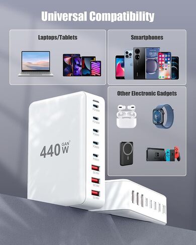 USB C Charger Block 440W Charging Station Hub,8 Port GaN III Fast Charging Brick with 5ft Extension Cord,PD QC PPS 100W Laptop Power Adapter for MacBook Pro/Air,iPhone 16/15,Samsung Galaxy,Dell etc in Saudi Arabia