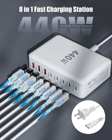 USB C Charger Block 440W Charging Station Hub,8 Port GaN III Fast Charging Brick with 5ft Extension Cord,PD QC PPS 100W Laptop Power Adapter for MacBook Pro/Air,iPhone 16/15,Samsung Galaxy,Dell etc in Saudi Arabia