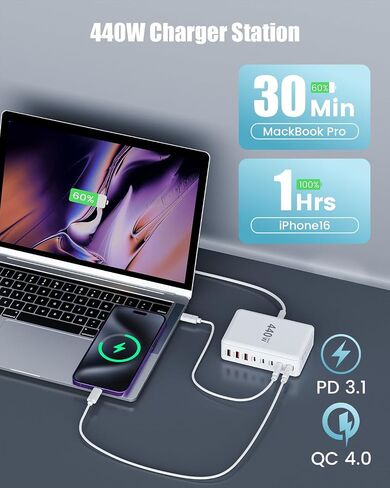 USB C Charger Block 440W Charging Station Hub,8 Port GaN III Fast Charging Brick with 5ft Extension Cord,PD QC PPS 100W Laptop Power Adapter for MacBook Pro/Air,iPhone 16/15,Samsung Galaxy,Dell etc in Saudi Arabia