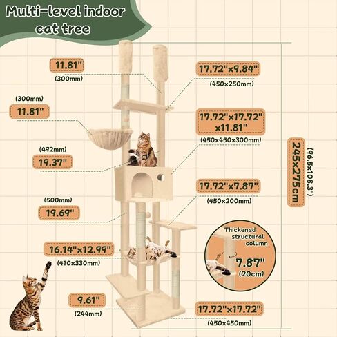 96.5"-108" Floor to Ceiling Cat Tree Adjustable Height 5-Tier Cat Tower with Scratching Posts, Cozy Condo, Cat House for Indoor Cats (Green) in Saudi Arabia