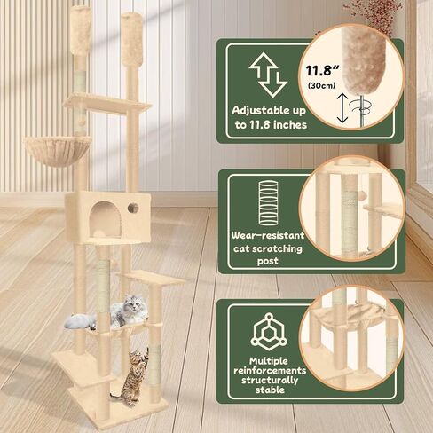 96.5"-108" Floor to Ceiling Cat Tree Adjustable Height 5-Tier Cat Tower with Scratching Posts, Cozy Condo, Cat House for Indoor Cats (Green) in Saudi Arabia