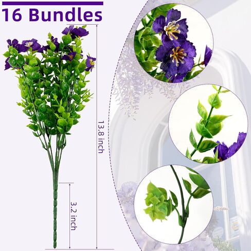 زهور حريرية صناعية للأماكن الخارجية، 16 حزمة من الزهور الصناعية للمزارعين، نباتات وهمية مع زهور لديكور المنزل الداخلي والخارجي، ديكور مكتب المنزل، ديكور الشرفة الأمامية، حديقة الفناء - أبيض. in Kuwait