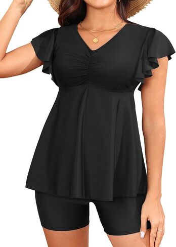 Yonique Women Tankini with Shorts and Pocket Two Piece Swimsuits Ruffle Sleeve Bathing Suit Flowy Swimwear Pink Large in Saudi Arabia