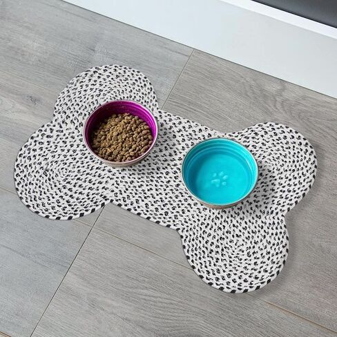 The Home Talk Pet Mat for Dogs & Cats, Pet Friendly Area Rugs, Hand Braided Mat, Anti-Spill Floor Mat Perfect Doormat for Your Pet, Polyester Material, 16 x 24 Inches, Bone Design – White in Kuwait