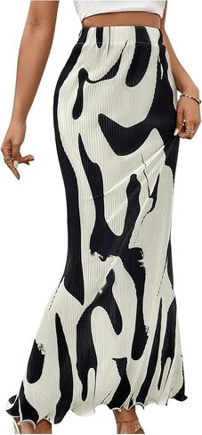 GORGLITTER Women's Graphic Print Frill Trim High Waisted Bodycon Maxi Skirt in Saudi Arabia