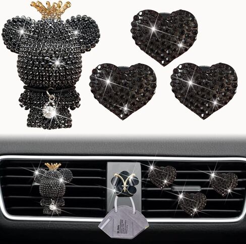 Bling Heart & Bear Air Vent Clips, 4 Pcs Silver Heart Car Air Fresheners Diamond Car Diffuser Car Interior Decor Charm Cute Car Accessories Car Decoration for Women + Cute Butterfly Mask Hook in Saudi Arabia