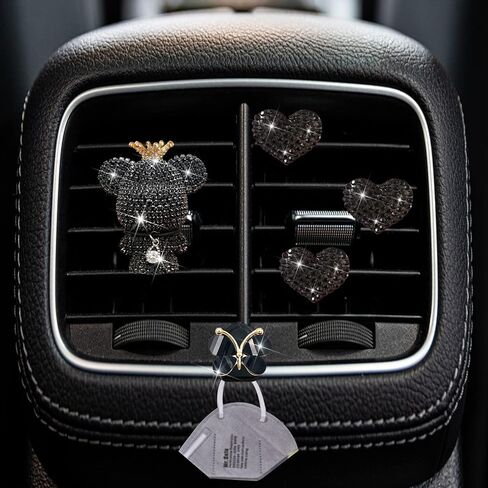 Bling Heart & Bear Air Vent Clips, 4 Pcs Silver Heart Car Air Fresheners Diamond Car Diffuser Car Interior Decor Charm Cute Car Accessories Car Decoration for Women + Cute Butterfly Mask Hook in Saudi Arabia