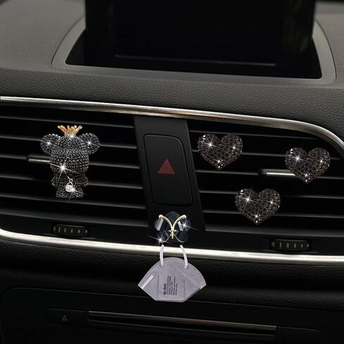 Bling Heart & Bear Air Vent Clips, 4 Pcs Silver Heart Car Air Fresheners Diamond Car Diffuser Car Interior Decor Charm Cute Car Accessories Car Decoration for Women + Cute Butterfly Mask Hook in Saudi Arabia