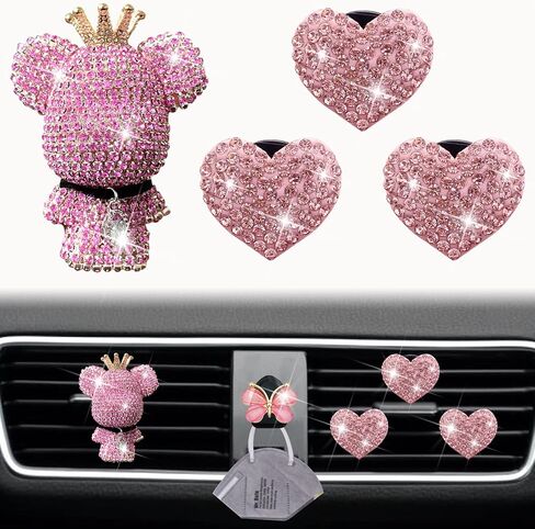 Bling Heart & Bear Air Vent Clips, 4 Pcs Silver Heart Car Air Fresheners Diamond Car Diffuser Car Interior Decor Charm Cute Car Accessories Car Decoration for Women + Cute Butterfly Mask Hook in Saudi Arabia