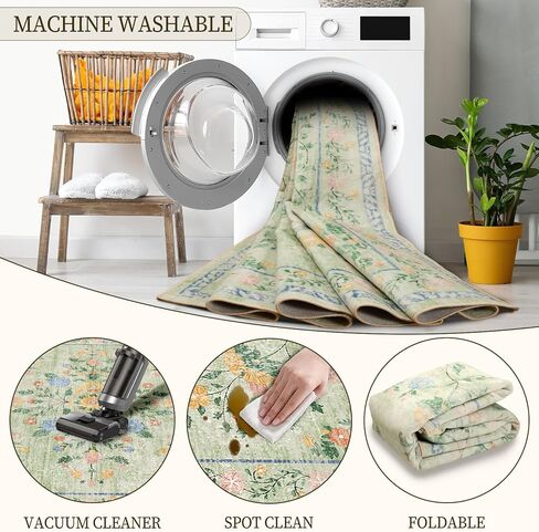 سجاد منطقة مقاس 12.7 سم × 17.78 سم، قابل للغسل ومضاد للانزلاق بتصميم زهور عتيقة لغرفة المعيشة وغرفة النوم وغرفة الطعام باللون البرتقالي والأخضر in Kuwait