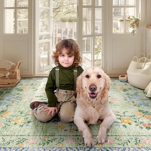 سجاد منطقة مقاس 12.7 سم × 17.78 سم، قابل للغسل ومضاد للانزلاق بتصميم زهور عتيقة لغرفة المعيشة وغرفة النوم وغرفة الطعام باللون البرتقالي والأخضر in Kuwait