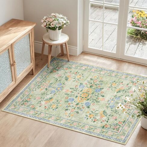 سجاد منطقة مقاس 12.7 سم × 17.78 سم، قابل للغسل ومضاد للانزلاق بتصميم زهور عتيقة لغرفة المعيشة وغرفة النوم وغرفة الطعام باللون البرتقالي والأخضر in Kuwait