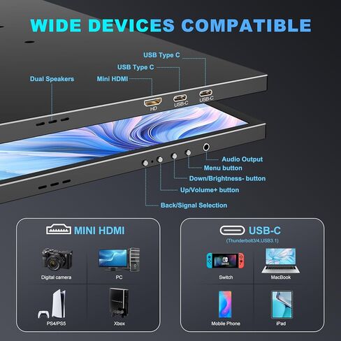 شاشة محمولة مقاس 18.5 بوصة، شاشة كمبيوتر محمول FHD IPS 1080P USB C HDMI للألعاب، شاشة رفيعة للغاية مع حامل ومكبر صوت غير مرئي، التوصيل والتشغيل، شاشة خارجية لأجهزة الكمبيوتر المحمول PC Mac Xbox PS5/PS4 Switch in Kuwait