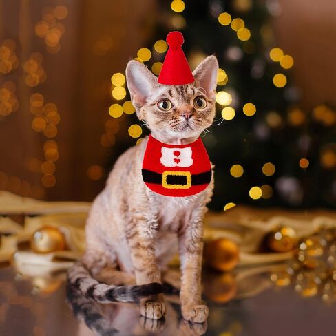 ADOGGYGO عيد الميلاد القط باندانا قبعة مجموعة، الأحمر سانتا الحيوانات الأليفة باندانا القط عيد الميلاد زي اكسسوارات الديكور للقطط هريرة (الأحمر) in Kuwait