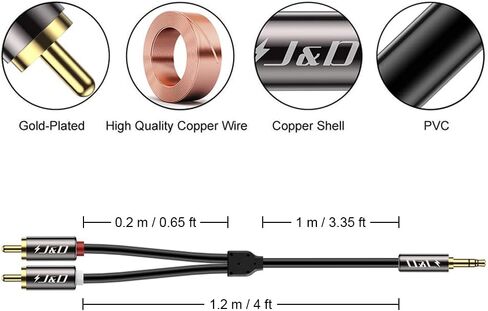 كابل صوت J&D RCA، RCA إلى 3.5 مم، 3.5 مم ذكر إلى 2 RCA Phono ذكر محول صوت ستيريو كابل Aux غلاف نحاسي مطلي بالذهب شديد التحمل، 3.5 إلى RCA قصير، كابل أحمر أبيض إلى Aux، 4 أقدام in Saudi Arabia