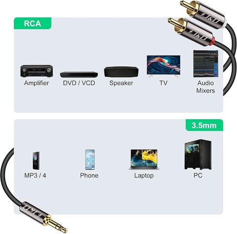 كابل صوت J&D RCA، RCA إلى 3.5 مم، 3.5 مم ذكر إلى 2 RCA Phono ذكر محول صوت ستيريو كابل Aux غلاف نحاسي مطلي بالذهب شديد التحمل، 3.5 إلى RCA قصير، كابل أحمر أبيض إلى Aux، 4 أقدام in Saudi Arabia
