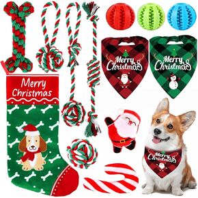 12Pcs Christmas Dog Stocking Toys Christmas Dog Gift Set Christmas Countdown Christmas Puppy Toys Christmas Hanging Stocking Xmas Dog Stocking Toys with Ball Rope Toys Chew Toys Bibs Indoor Outdoor