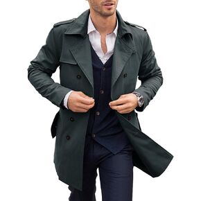 PASLTER Mens Trench Coat Notched Lapel Double Breasted Long Jacket Windbreaker Overcoat Pea Coat
