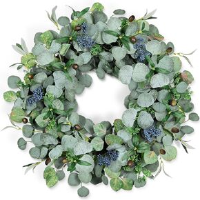24Inch Eucalyptus Wreath Set of 2, Large Eucalyptus Wreath for Front Door with Olive Leaves and Berries for All Seasons, Spring Summer Year Round Wreaths for Front Door Indoor Outdoor