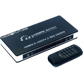 4K HDMI 2.0 Matrix ARC Switch 4x2 4K@60Hz HDR YUV444, SPDIF and L/R Audio Output, Audio Return Channel, HDMI Down Scaler 4K 1080P Sync, IR Remote Contorl, HDCP2.2, 18Gbps, 4 in 2 Out HDMI Splitter