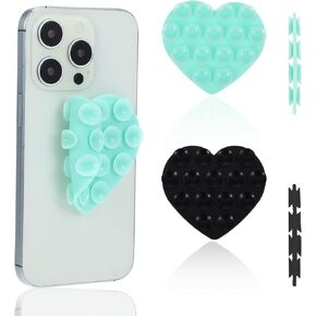 2 Pcs Sticky Grippy Suction Phone Case Sticky Grip, Heart Shape Silicone Phone Grip, Double Sided Suction Cup Phone Case, Sticky Thing for Back of Phone Case Mobile Devices(Black, Mint Green)