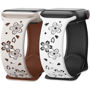 Floral Engraved Bands Compatible with Apple Watch Band 38mm 40mm 41mm 42mm 44mm 45mm 46mm 49mm for Women,Soft Silicone Cute Flower Strap Replacement Wristbands for iWatch Series SE 10 9 8 7 6 5 4 3 2