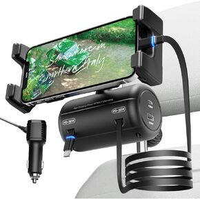 OHLPRO 100W Retractable Backseat Car Charger Station, 5 in 1 Headrest Charging Box with Car Headrest Holder, 2-Port PD/QC Cigarette Lighter Adapter, Great for All Phones, Taxi, Uber, Rideshare