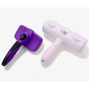 N12 Cat, Dog Hair Remover/Lint Roller and Grooming Hair Bush Combo – Pet Fur Remover for Couch, Furniture, Carpet, Car Seat & Self-Cleaning Slicker Grooming Brush with Long Pins for Shedding