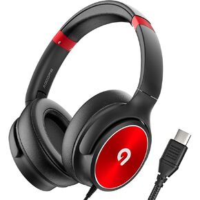 USB C Kids Headphones with Mic, Foldable Children’s Headphones, 93dB Volume Limited, Comfortable Ear Pads, for Tablets, Phones, Laptops - Black & Red, Ages 3+