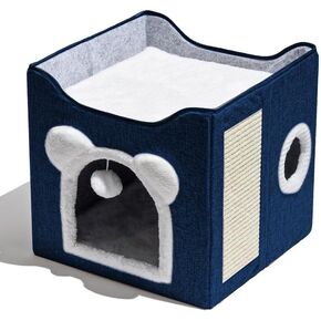 Double-Layer Indoor Cat House, Cat Condominium Keeps Warm, Cave Bed Furniture with Scratch Pad, Fully Enclosed Foldable Pet Bed (Grey)