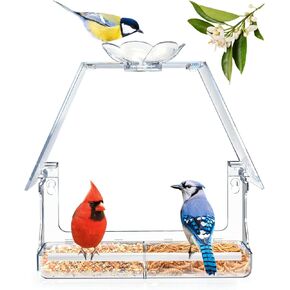 Large Window Bird Feeder with 2 Strong Suction Cups & 2 Non-Marking Adhesive Hooks, Clear View Bird Watching Gift for Bird Lovers & Cats, Bird House-Shaped Design Decor