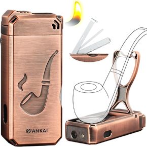 Pipe Lighter, Built-in Pipe Stand, 3 in 1 Cleaner Tools, Refillable Butane Window Lighter with Angled Soft Flame,Gas Lighter for Pipe Gift Butane not Included