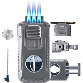 Refillable Butane Torch Lighter with Built-in Holder and 3 Jet Flame - All-in-1 Tool for Men (Butane not Included)