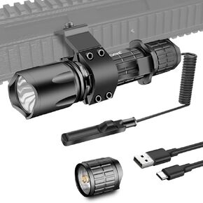 Tactical Flashlight, Led Weapon Light with Picatinny Mount and Pressure Switch, 4 Modes USB Rechargeable Rifle Light for Outdoor Hiking Camping, Waterproof
