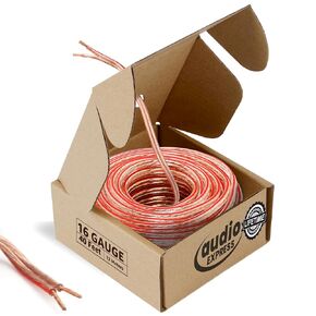 40ft 16-Gauge Stereo Speaker Wire, 12.19m, 2 Conductor, Polarity Marked, Clear PVC, CCA, Coil in Box, HiFi, Home Theater, HiFi, Surround, Car Audio, 74 High Strand Count (.15 OD)