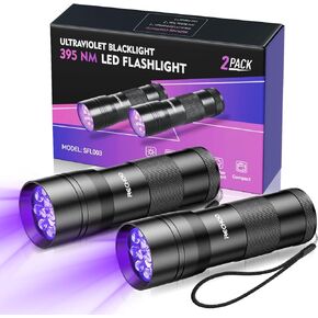 Black Light UV Flashlight 2 Pack, 12 LED 395nm UV Flashlight, Portable Mini UV Light Waterproof, Blacklight for Pet Urine Detection, Dry Stains, Bed Bug, Fluorescent Agent (Batteries not included)
