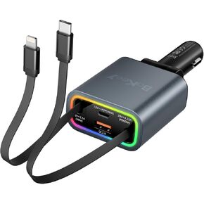 Retractable Car Charger 4 in 1, 131w Cigarette Lighter Adapter USB C, Type C Retractable Fast Charging Car Charger Adapter Multi Port for iPhone16/15/14/13/12/11, Samsung and More