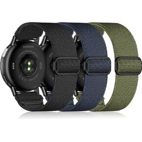 20mm Nylon Sport Elastic Bands Compatible with Garmin Venu/Sq/Sq 2/Forerunner 165/55/245 Music, Vivoactive 5/3, Venu 2 Plus, Vivomove HR/Sport, 3 Pack Wristband Strap Replacement for Men and Women