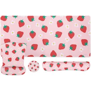 MOSISO Desk Pad Mat Keyboard Mouse Pad Set,Large Gaming Mouse Pad&Keyboard Wrist Rest&Mouse Pad with Wrist Rest&Coaster,Ergonomic Non-Slip Mousepad with Memory Foam for Home Office, Strawberry&Flower