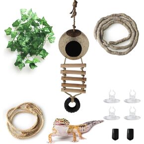 NANEEZOO Leopard Gecko Tank Accessories - Coconut Husk Hut Hideout Cave with Ladder - Reptile Climbing Jungle Vines and Plants Decor for Chameleon Lizard Gecko Snake Hermit Crab