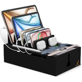 Pezin & Hulin Charging Station for Multiple Devices, USB Charger Dock Organizer, with Power Supply (10 Ports HUB), 6 Cables, Cable Management Organizer for Cell Phones, Tablets -Natural Color