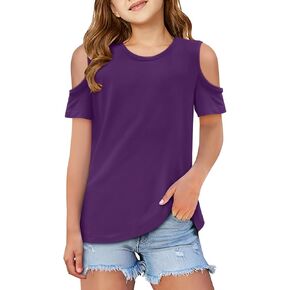 Girls Short Sleeve Shirts Cute Crew Neck Cold Shoulder Tee Top 5-14 Years