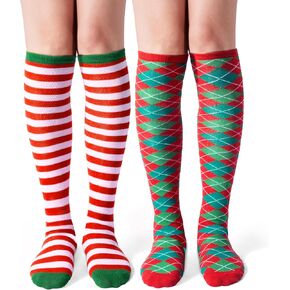 2 Packs Women Knee High Winter Socks for Xmas, Warm Soft Novelty Socks for Christmas Holiday, Birthday Gift