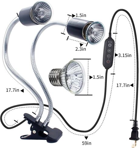 مصباح خلفي مزدوج الرأس للأشعة فوق البنفسجية فئة B/UVA للزواحف مع مؤقت دورة ذكي، مصباح حراري للزواحف للسلاحف والسحالي والتنين الملتحي والثعابين والضفادع، إلخ، بطول 5.9 أقدام مع مصابيح حرارية 25 وات/50 وات in Kuwait