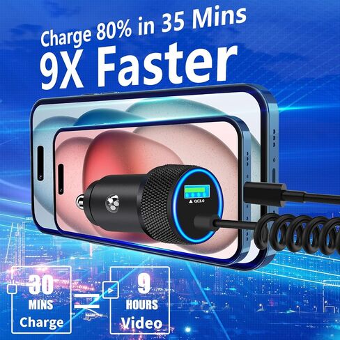 [معتمد من Apple MFi] شاحن سيارة iPhone سريع، Linocell 48W USB-C PD&QC ولاعة سجائر شاحن سيارة Carplay مع كابل ملفوف من النوع C إلى Lightning بطول 6 أقدام لهاتف iPhone 14 13 12 11 Pro XS XR X SE iPad in Kuwait